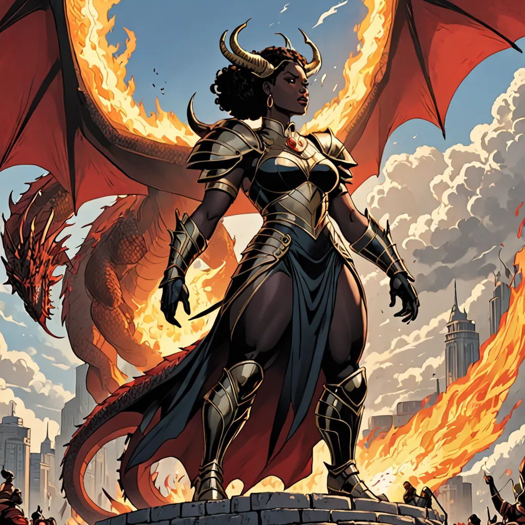 a woman in a costume standing on a ledge with a dragon in the background and a city in the background, fantasy art, a comic book panel, Clint Cearley, magic the gathering artwork