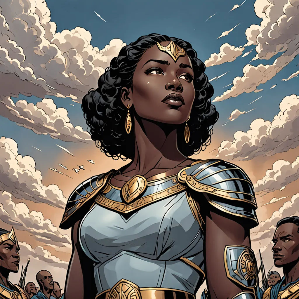 a woman in a costume standing in front of a crowd of people with clouds in the background and a sky with clouds, afrofuturism, a comic book panel, Chinwe Chukwuogo-Roy, comic cover art