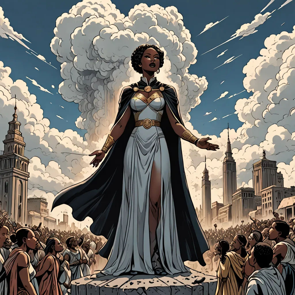 a woman dressed in a costume standing on a pedestal surrounded by people in a city with a cloud of smoke, afrofuturism, a comic book panel, Donato Giancola, comic cover art