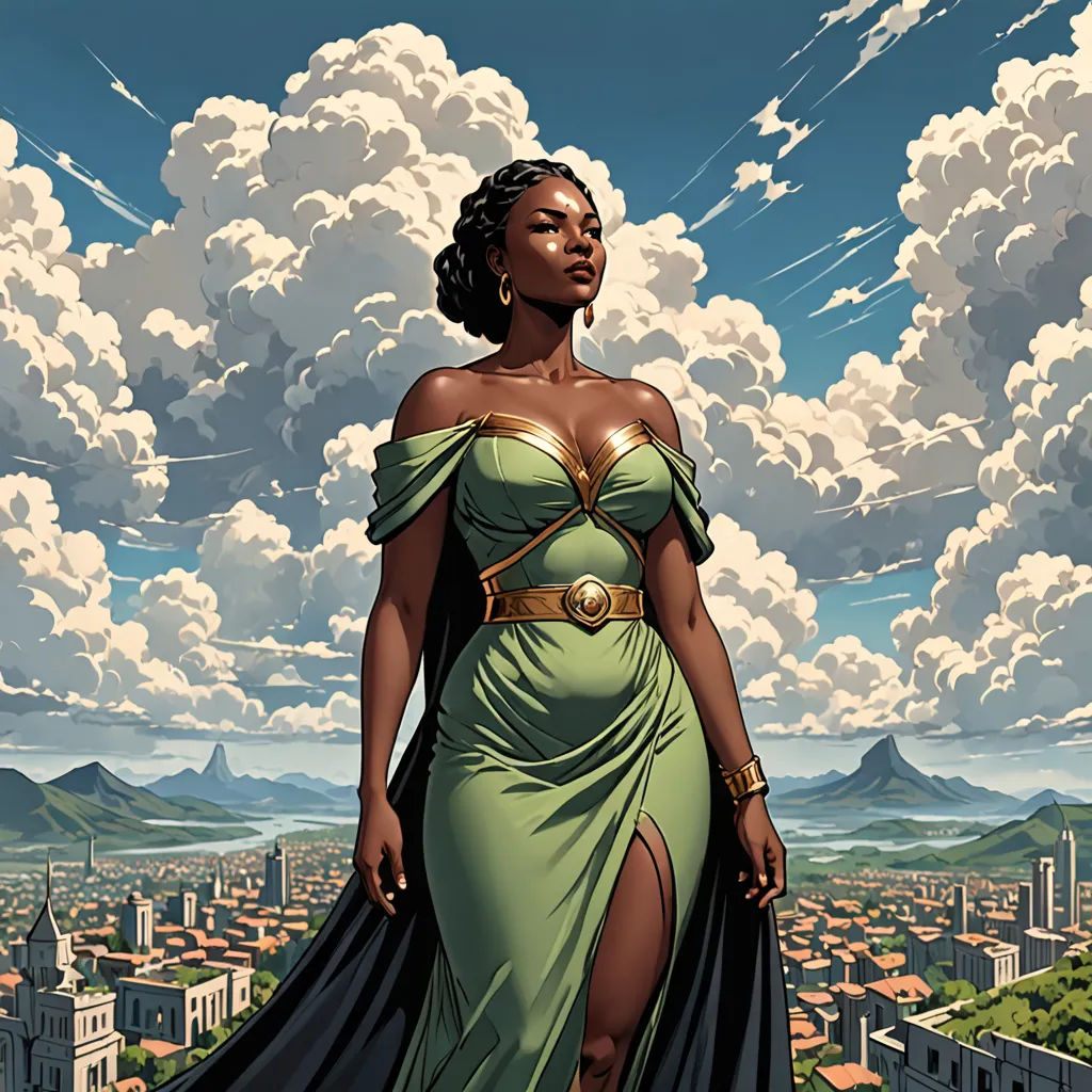 a woman in a green dress standing in front of a cityscape with clouds in the background and a sky with a few clouds, afrofuturism, a comic book panel, Donato Giancola, comic cover art