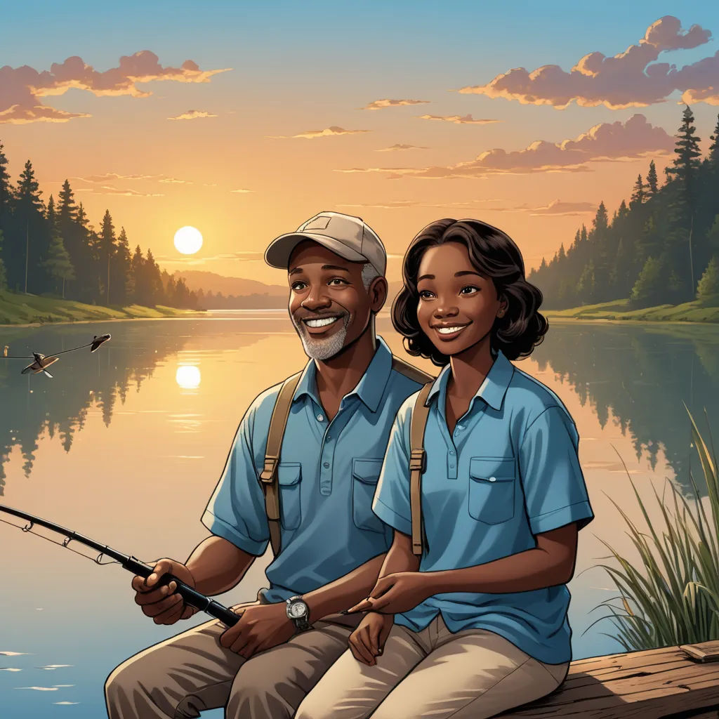a man and a woman sitting on a dock fishing at sunset with a lake in the background and a bird flying overhead, american scene painting, a storybook illustration, Bob Thompson, storybook illustration