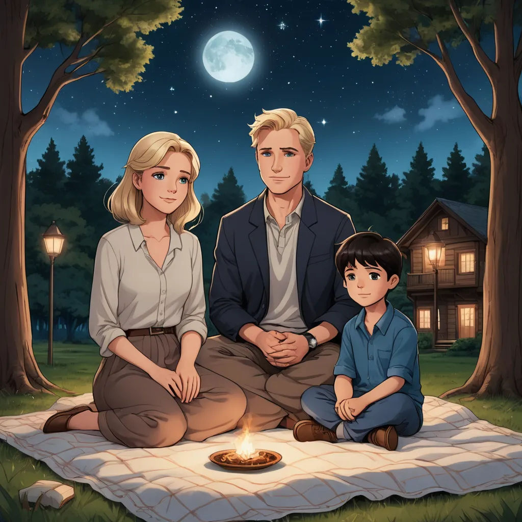 a family sitting on a blanket in the park at night with a lit candle in the middle of the picture, sots art, a storybook illustration, F Scott Hess, official art