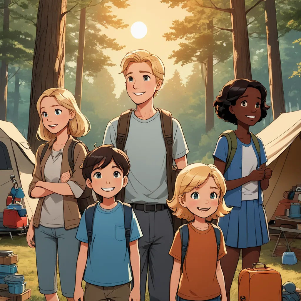 a family of four standing in front of a tent in the woods with a tent in the background and a tent in the foreground, sots art, a storybook illustration, Cedric Seaut (Keos Masons), official art