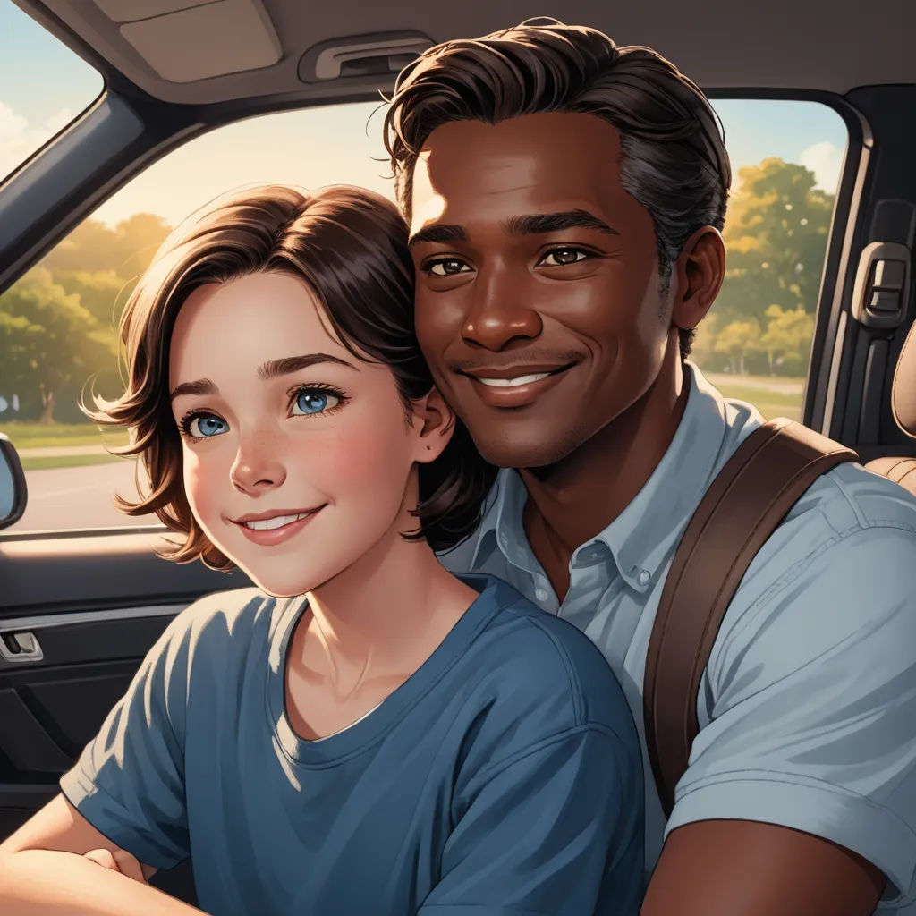 a man and a woman are sitting in a car together, smiling and looking at the camera, with the sun shining through the window, american scene painting, a storybook illustration, Felix-Kelly, official art