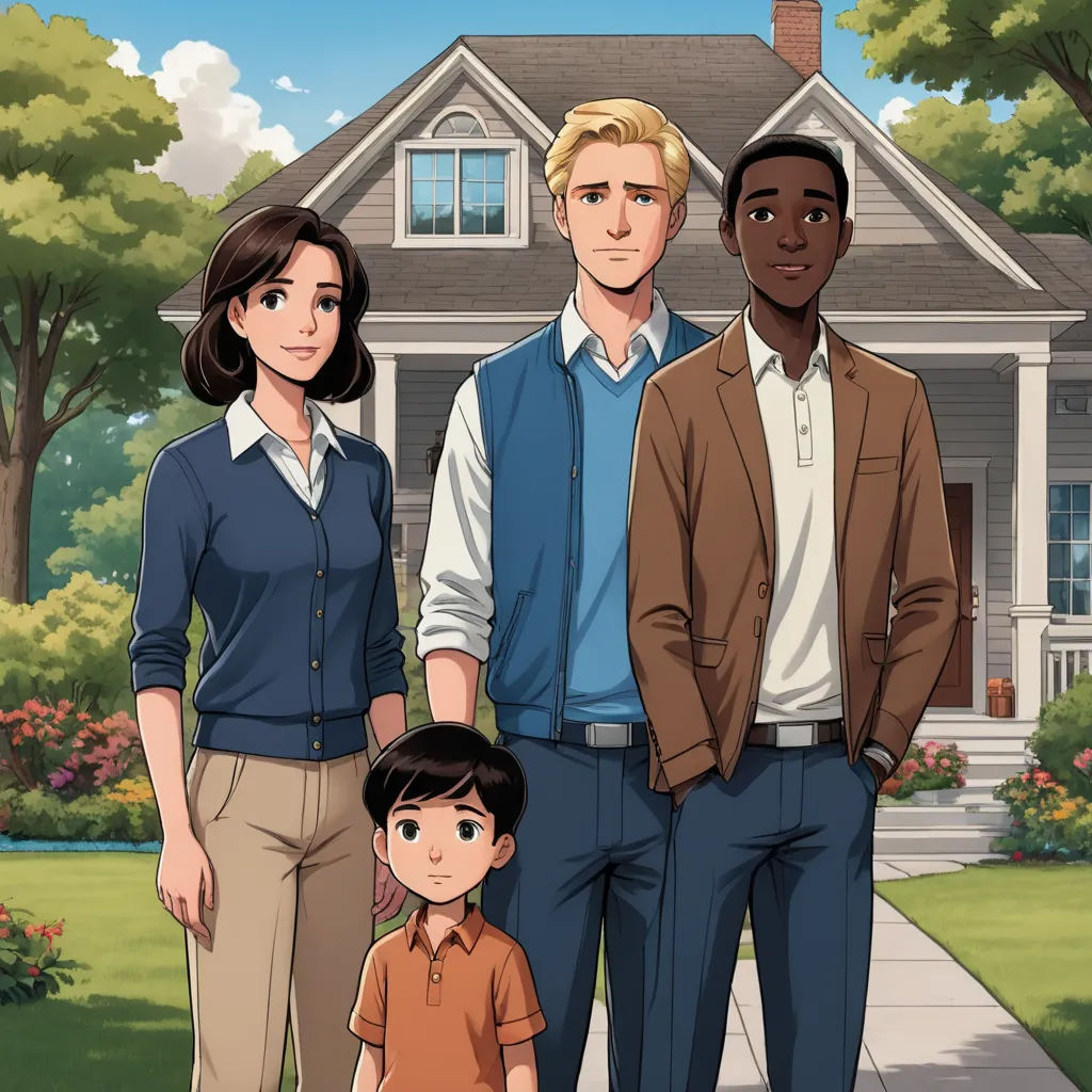 a family standing in front of a house with a cartoon of a man and woman standing next to a child, american realism, a storybook illustration, Everett Warner, official art