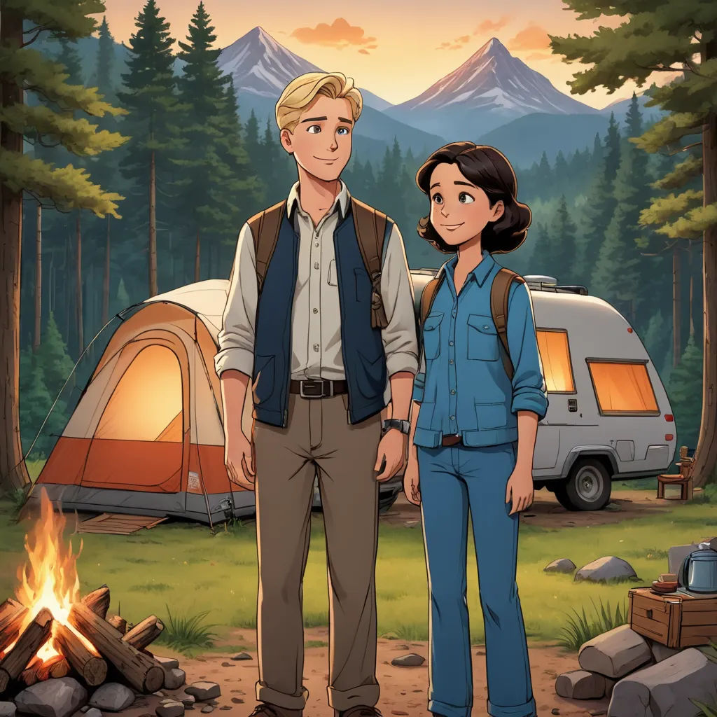 a man and a woman standing in front of a campfire with a tent in the background and a campfire in the foreground, sots art, concept art, Edward Otho Cresap Ord, II, official art