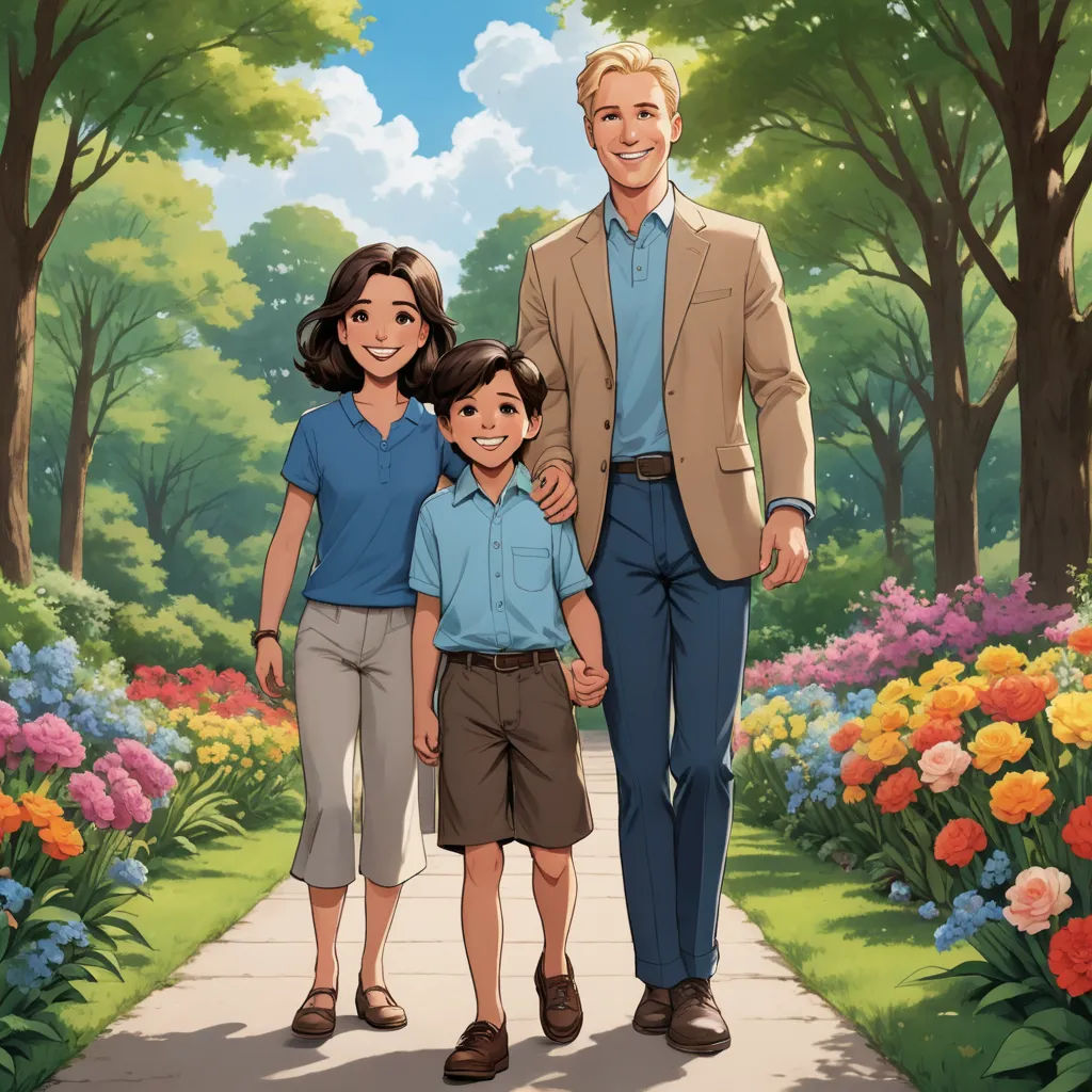 a man and two children standing in front of a garden with flowers and trees on the sides of the picture, american realism, a storybook illustration, F Scott Hess, official art