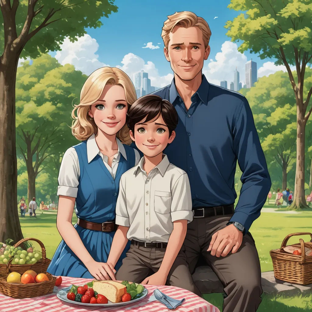 a man and woman sitting next to a boy at a picnic table with a plate of fruit on it, american realism, a storybook illustration, F Scott Hess, official art