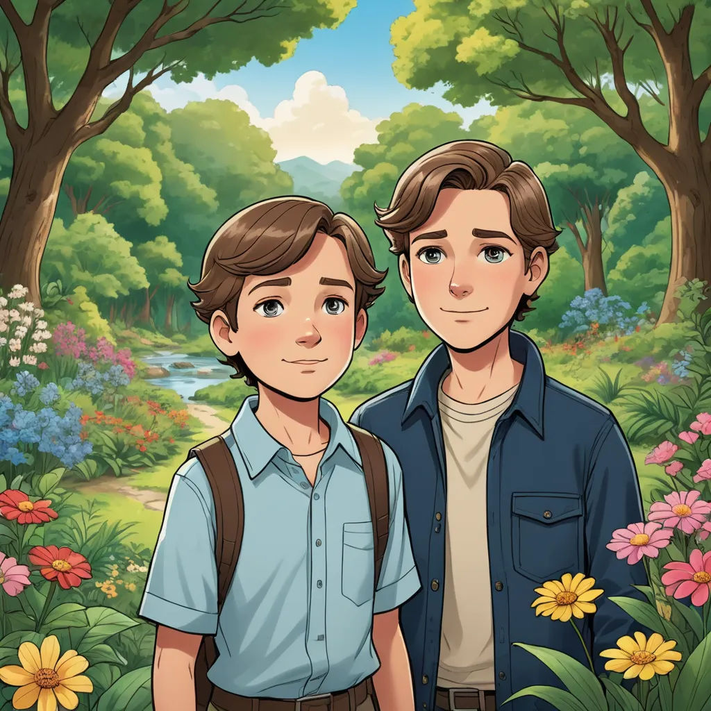 a couple of people standing in a forest with flowers and trees behind them, with a river in the background, sots art, a character portrait, Anson Maddocks, official art