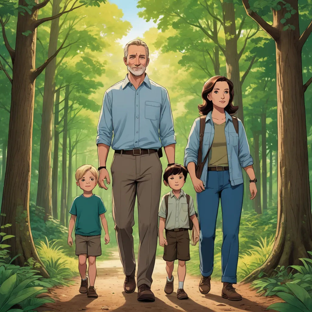 a man and two children walking down a path in the woods with a man in a blue shirt and a woman in a blue shirt, american realism, a storybook illustration, F Scott Hess, official art