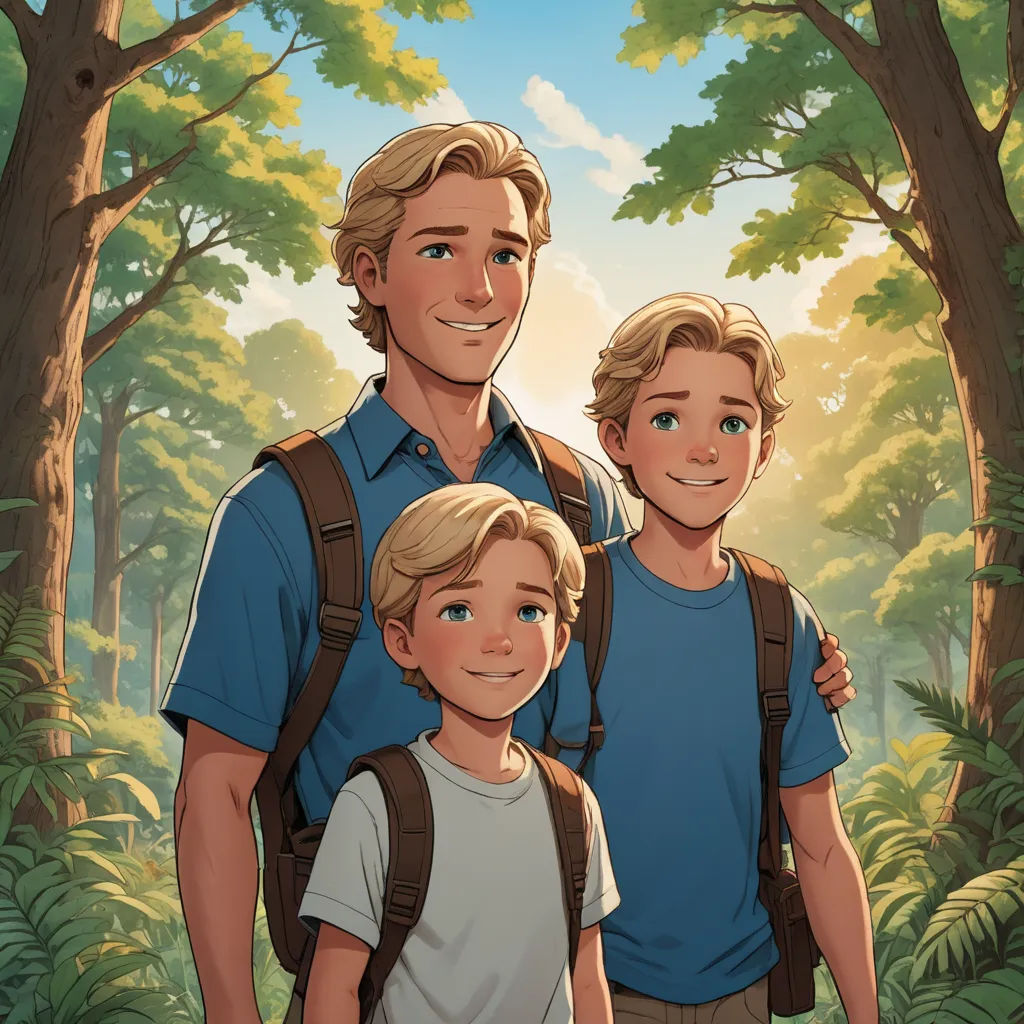 a man and a boy are standing in the woods together, with the boy's back turned to the camera, furry art, a storybook illustration, Brothers Hildebrandt, rossdraws global illumination