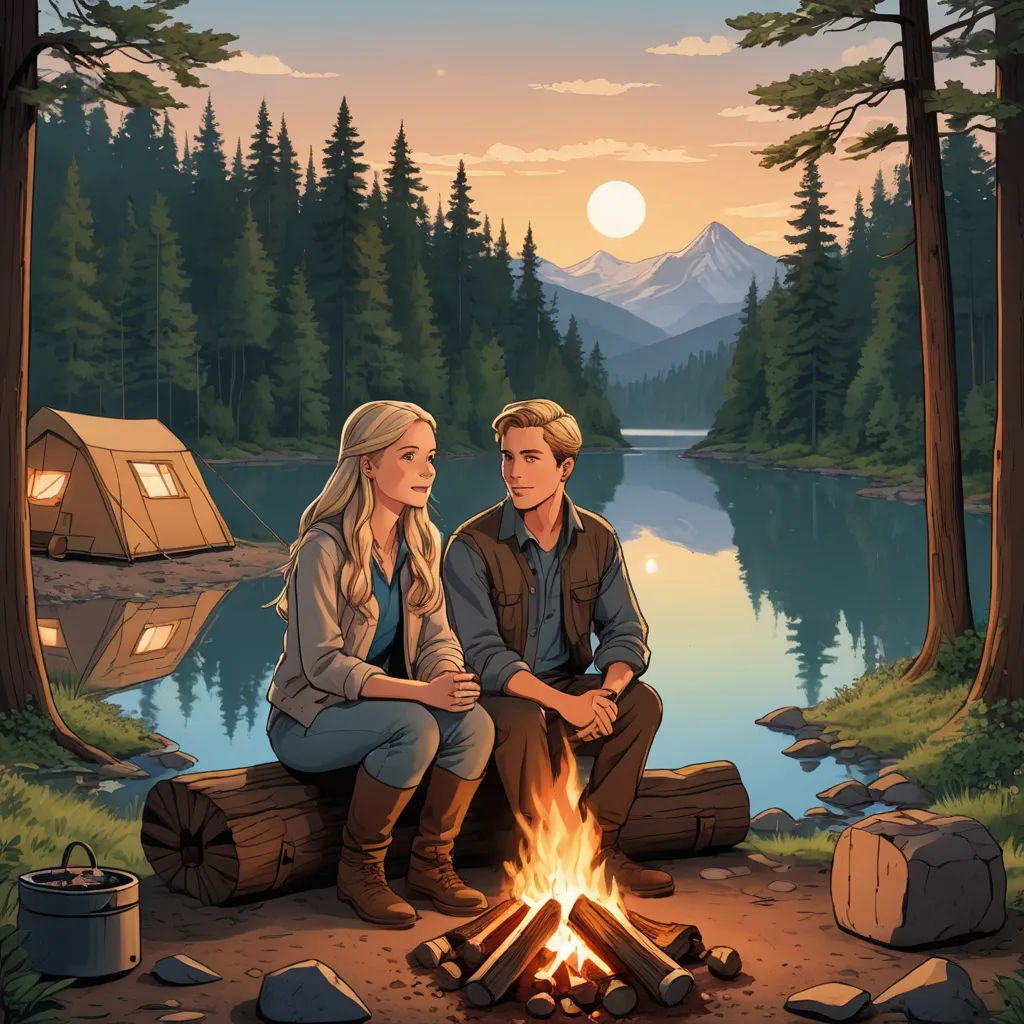 a man and a woman sitting next to a campfire in the woods near a lake at sunset with a tent, american romanticism, a storybook illustration, Dan Mumford, official art