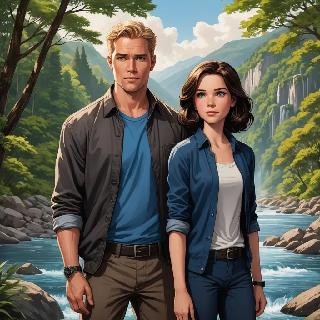 a man and a woman standing next to each other in front of a river and mountains with trees on the sides, sots art, a detailed painting, Cedric Seaut (Keos Masons), official art