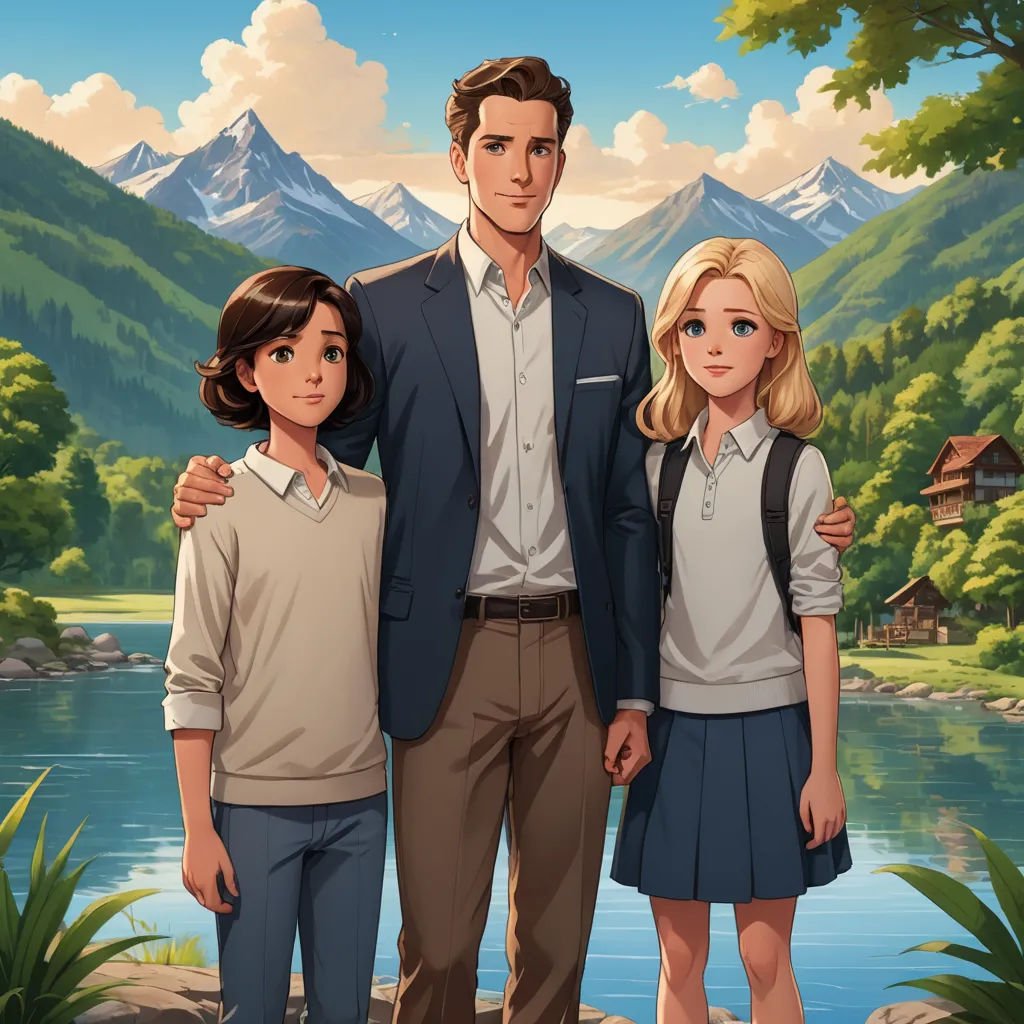 a man and two children standing in front of a mountain lake with a mountain range in the background and a house on the other side, sots art, a character portrait, Cedric Seaut (Keos Masons), key art