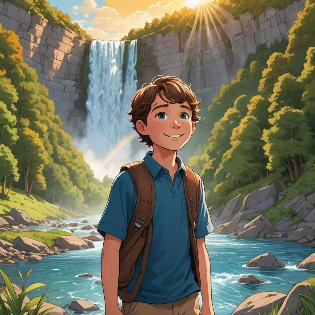 a man standing in front of a waterfall with a backpack on his back and a waterfall in the background, american scene painting, a detailed matte painting, Cliff Childs, rossdraws global illumination