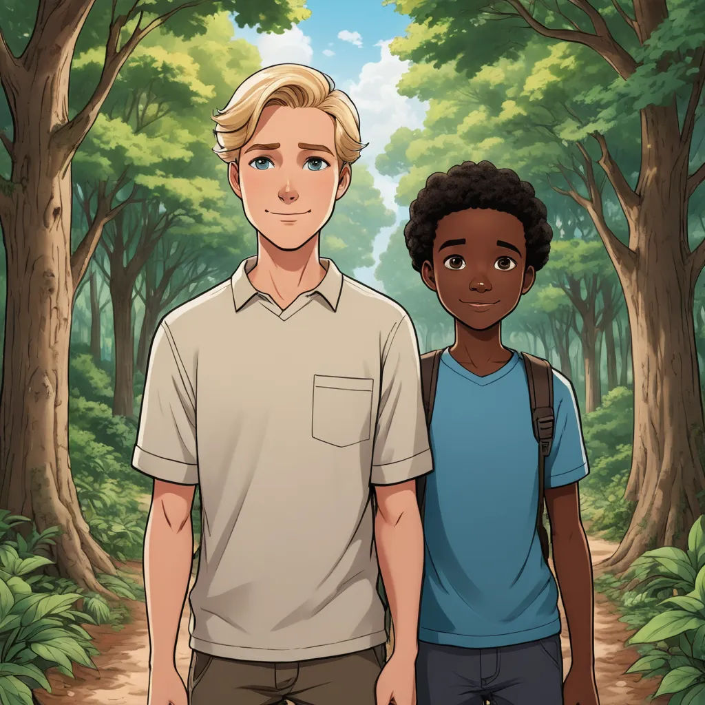 a boy and a boy standing in a forest with trees and bushes behind them, with a boy in a blue shirt and a boy in a white shirt, serial art, concept art, Felix-Kelly, official art