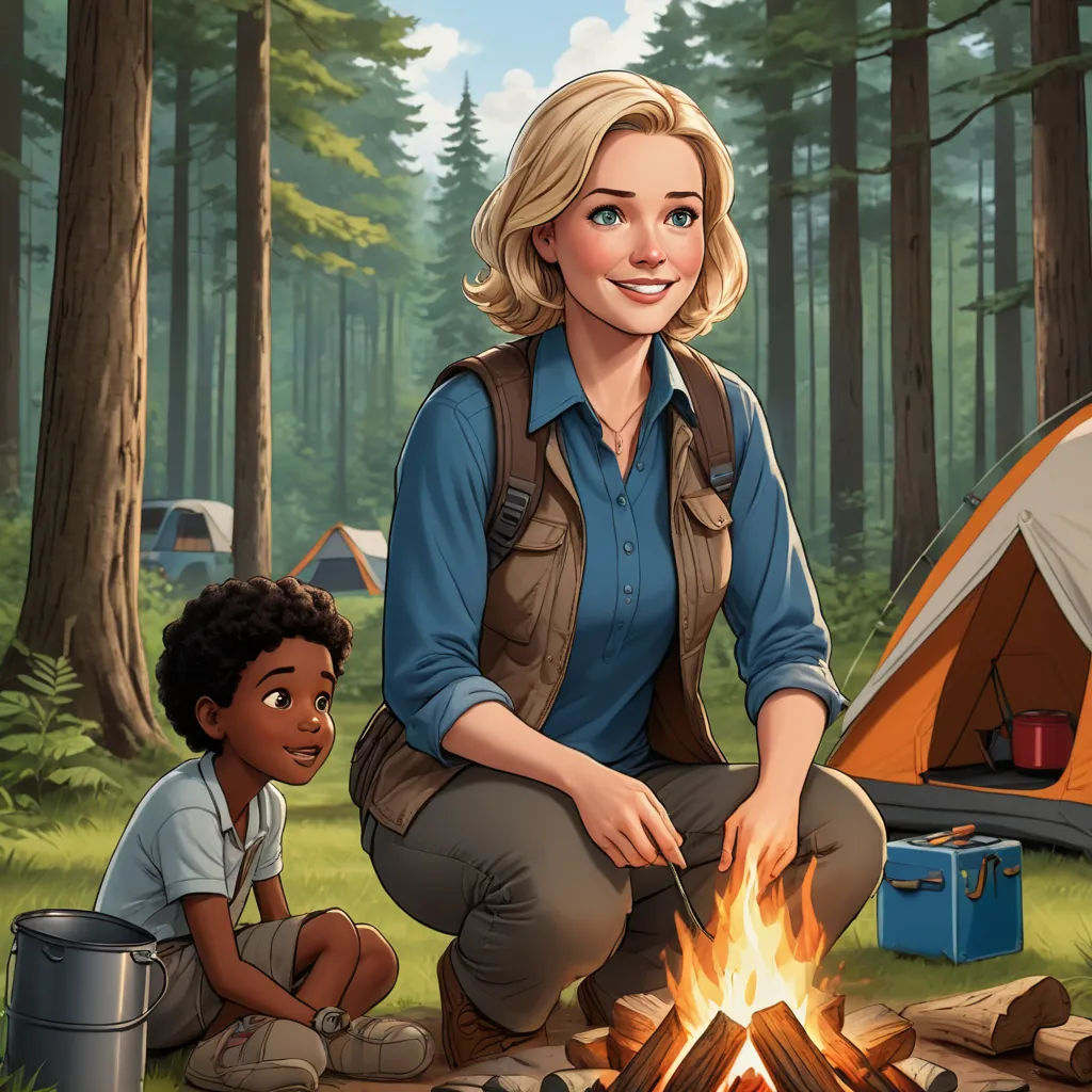a woman and a boy are camping in the woods by a campfire and a tent with a tent on it, american realism, a storybook illustration, Constance Gordon-Cumming, official art