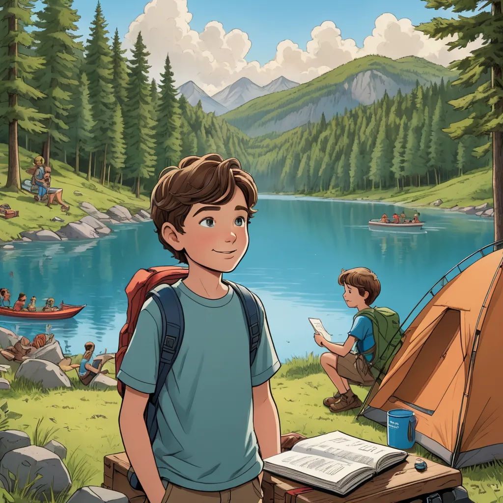 a boy is standing in front of a tent with a book and a book bag on it while another boy is sitting in the background, american scene painting, a storybook illustration, Diego Gisbert Llorens, book cover