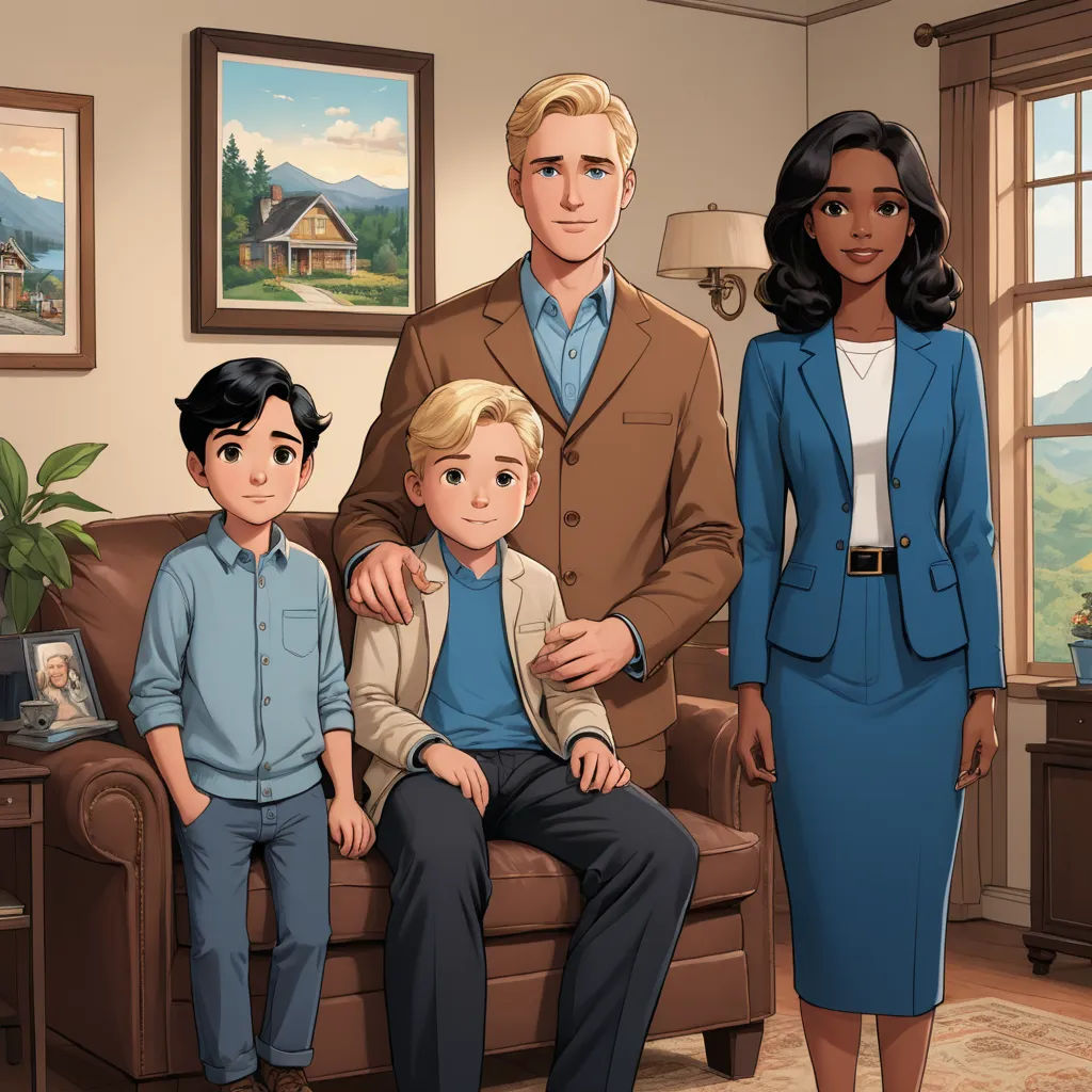 a family is sitting on a couch in a living room with a painting of a house in the background, american realism, concept art, F Scott Hess, official art