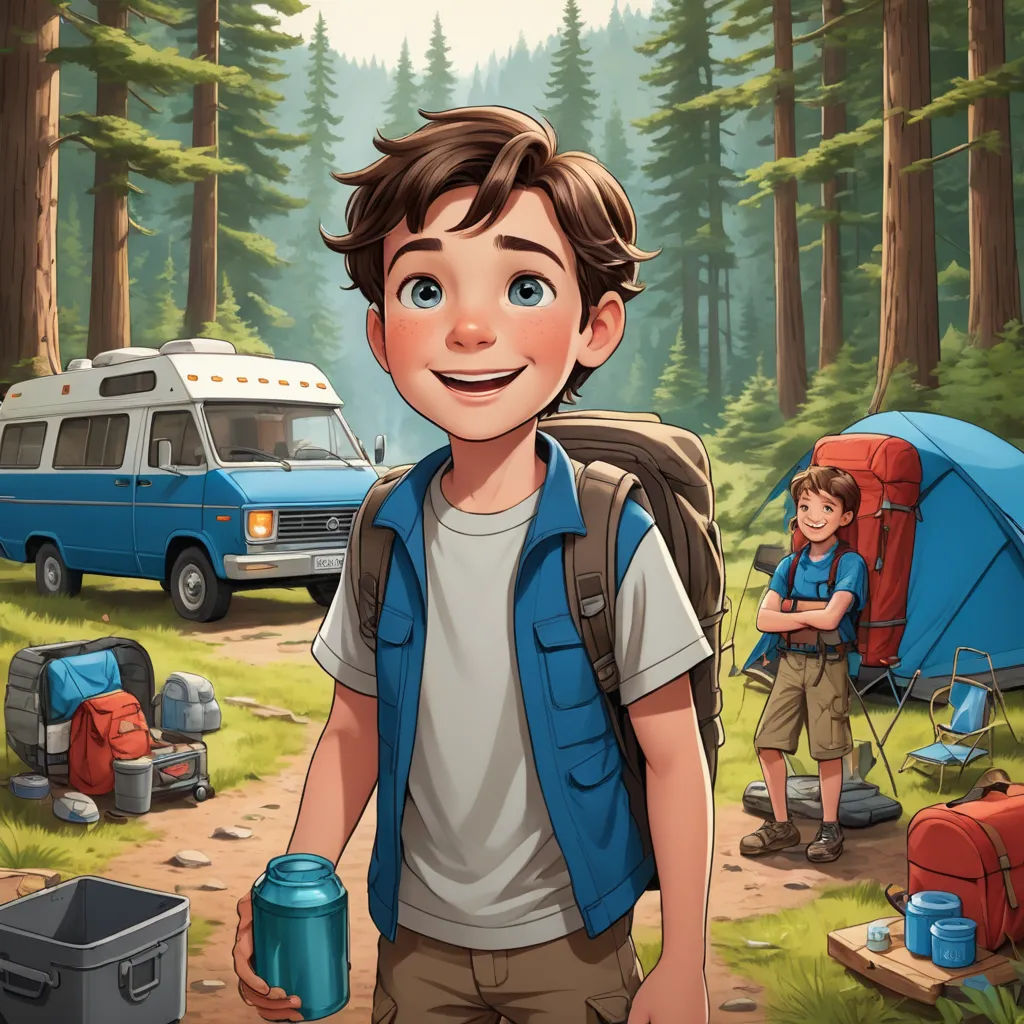 a boy with a backpack and a backpack is standing in the woods with a camper and a van in the background, sots art, a storybook illustration, Aaron Jasinski, key art