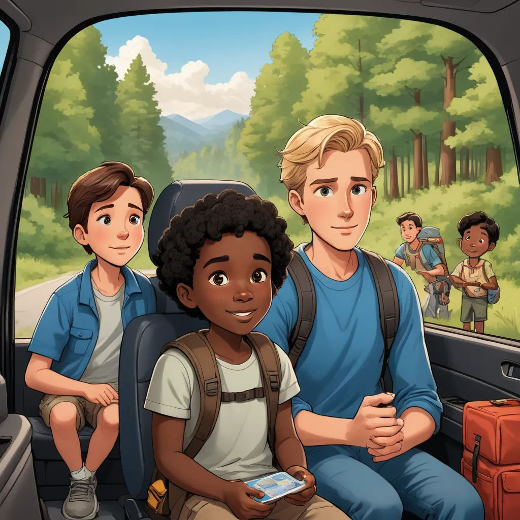 a group of people sitting in the back of a car with a boy holding a cell phone in his hand, sots art, a storybook illustration, Aaron Jasinski, official art