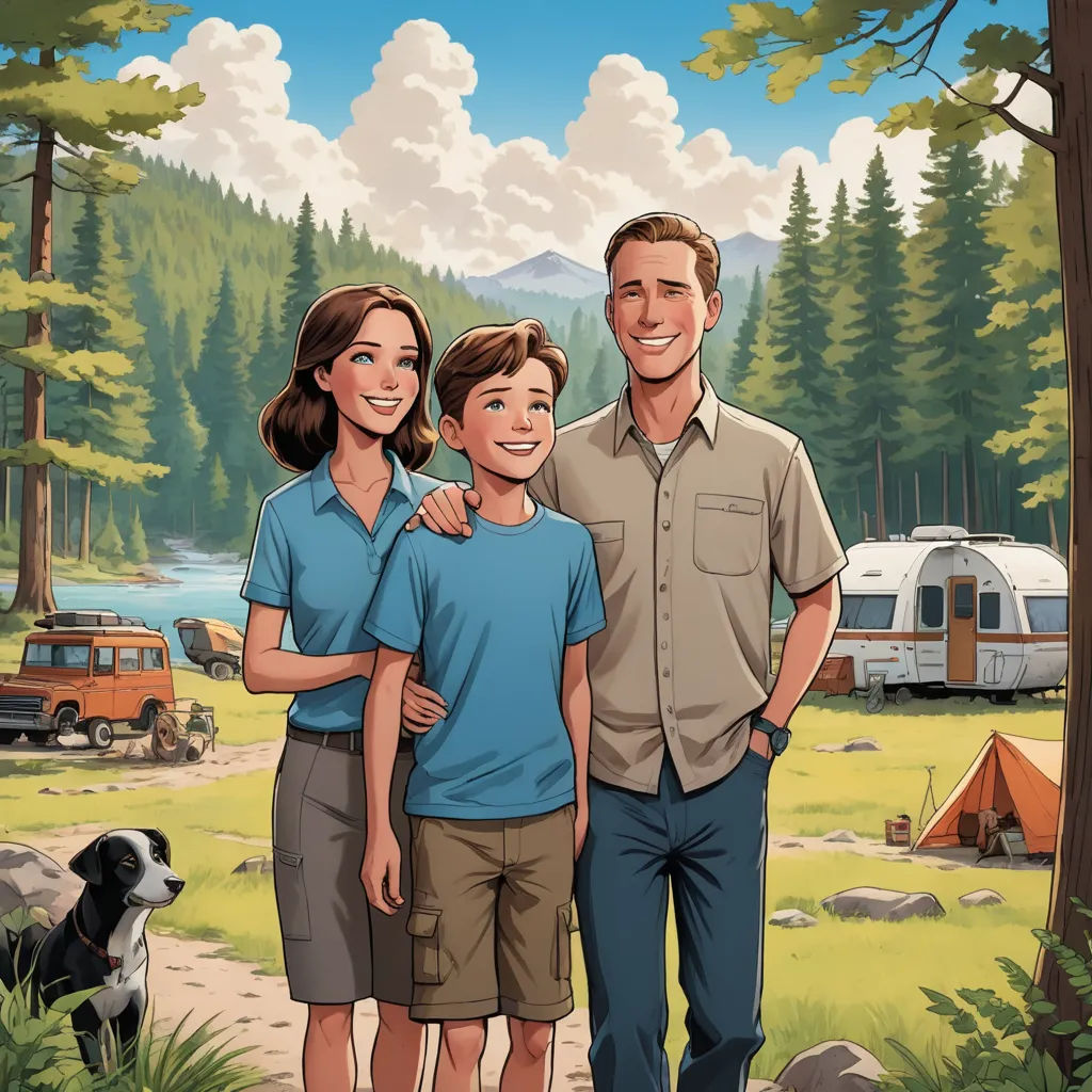 a family standing in front of a camp site with a dog and a camper in the background, with a dog looking at the camera, american realism, a storybook illustration, F Scott Hess, official art