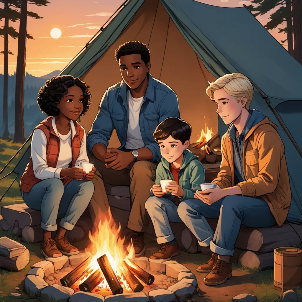 a family sitting around a campfire with a tent in the background at sunset or dawn, with a man holding a cup of coffee, sots art, a storybook illustration, Cedric Seaut (Keos Masons), official art
