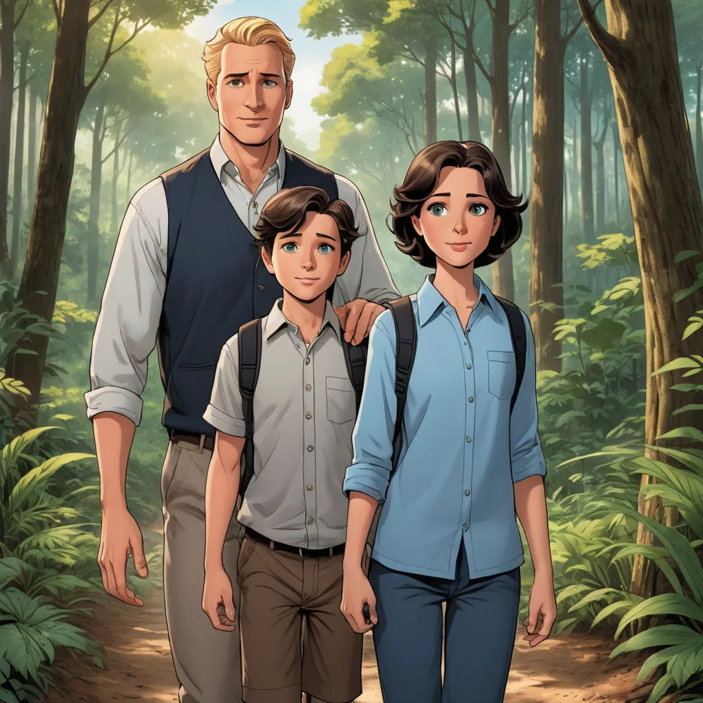 a man and woman walking through a forest with a boy on his back and a boy on his shoulder, sots art, a character portrait, Brothers Hildebrandt, official art
