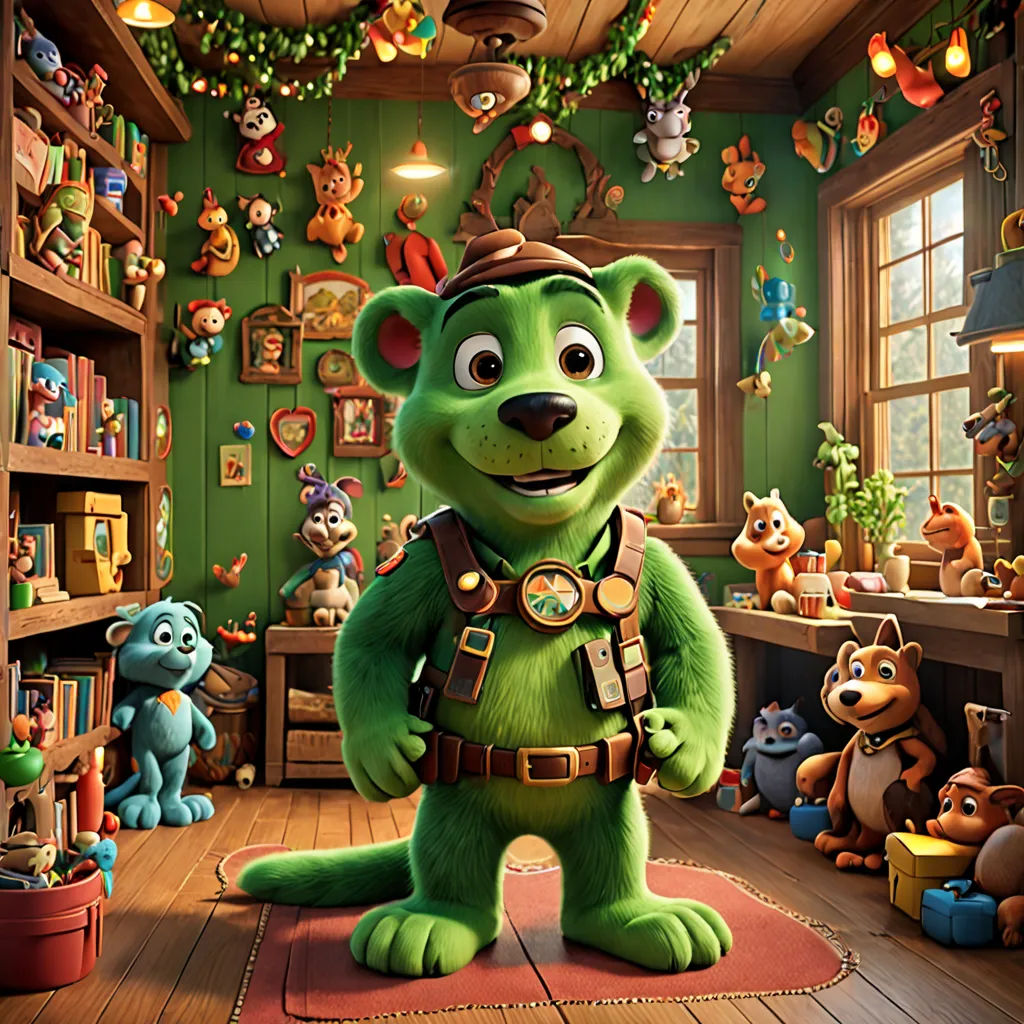 a green bear standing in a room full of toys and decorations, with a christmas tree in the background, furry art, a character portrait, Chris LaBrooy, promotional image