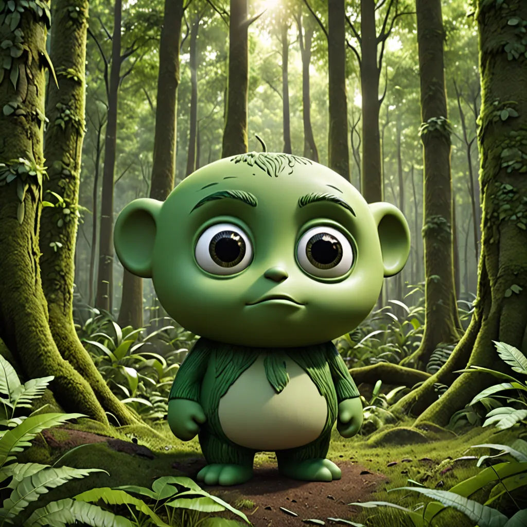a cartoon character is standing in the middle of a forest with a green creature in the foreground and a sun shining through the trees, lowbrow, a character portrait, Chris LaBrooy, promotional image