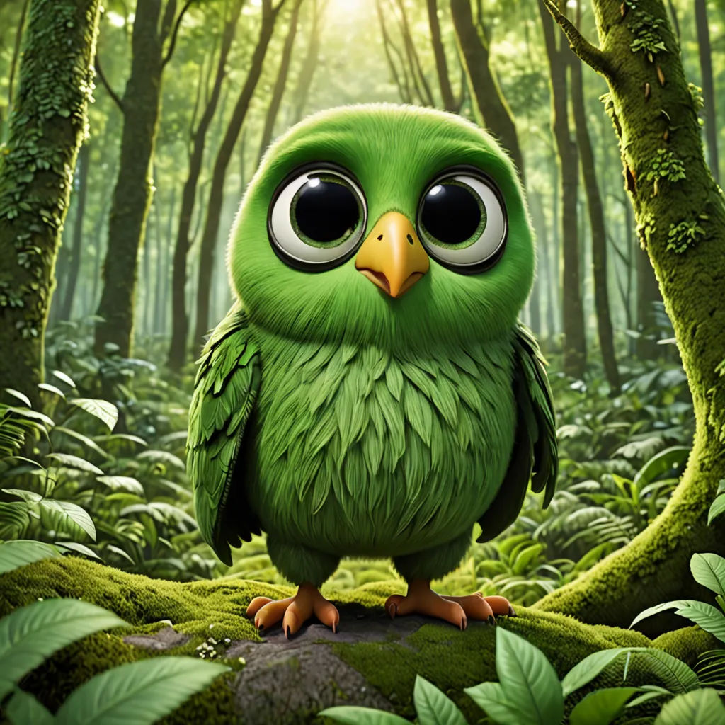 a green owl with big eyes sitting on a rock in a forest with green leaves and mossy trees, sots art, a character portrait, Abidin Dino, green