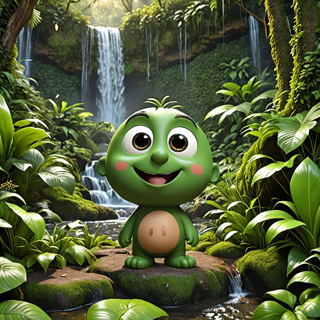 a cartoon character is standing in the middle of a jungle with a waterfall in the background and a waterfall in the background, photorealism, computer graphics, Abidin Dino, behance hd