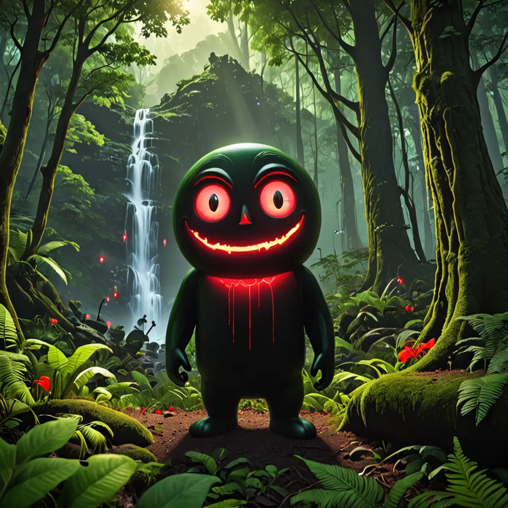 a creepy looking monster standing in the middle of a forest with a waterfall in the background and glowing eyes, sots art, concept art, Chris LaBrooy, promotional image