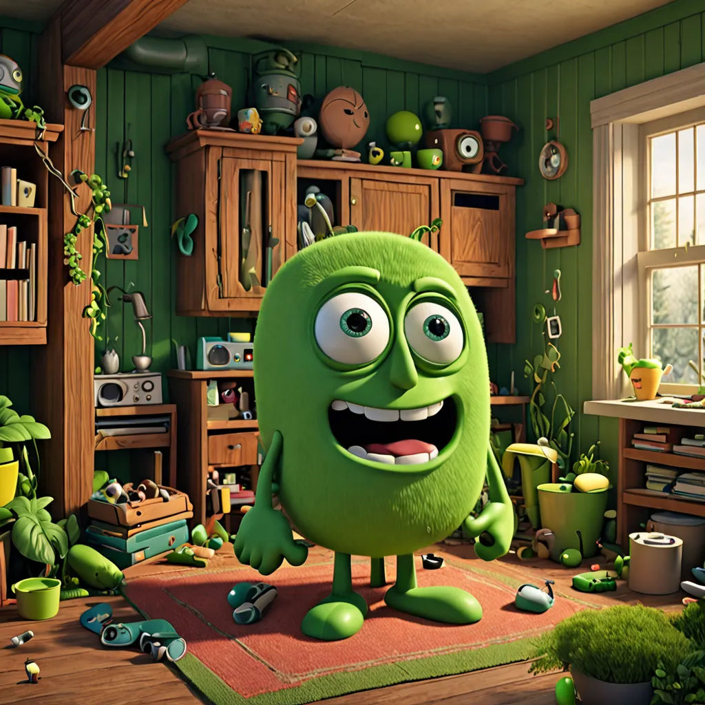 a green monster is standing in a green room with lots of plants and other things around it, and a window is open, photorealism, a 3D render, Chris LaBrooy, promotional image