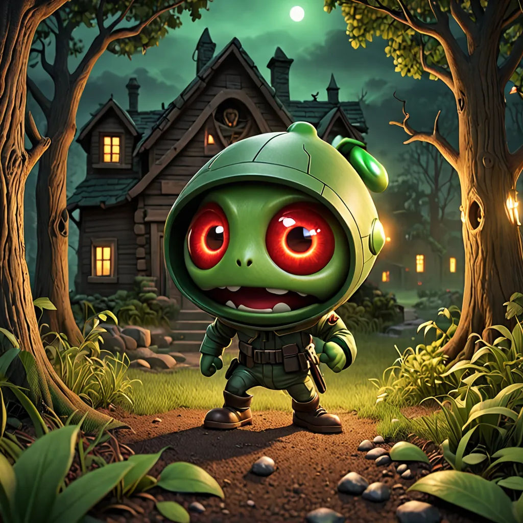 a little green alien standing in front of a house in a forest at night with red eyes and a green helmet, pop surrealism, a character portrait, Chris LaBrooy, 2 d game art