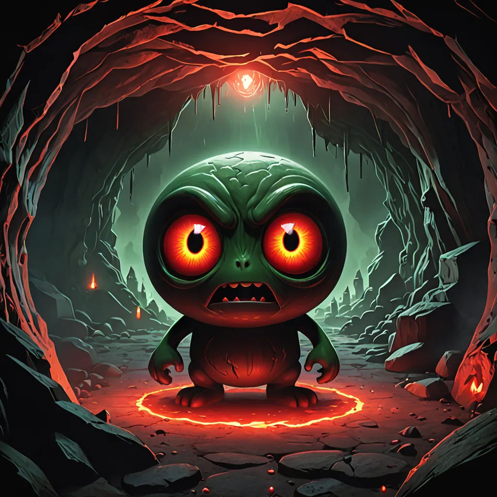 a cartoon character with glowing eyes in a cave with a glowing light in the background and a glowing light in the middle, sots art, concept art, Dom Qwek, key art