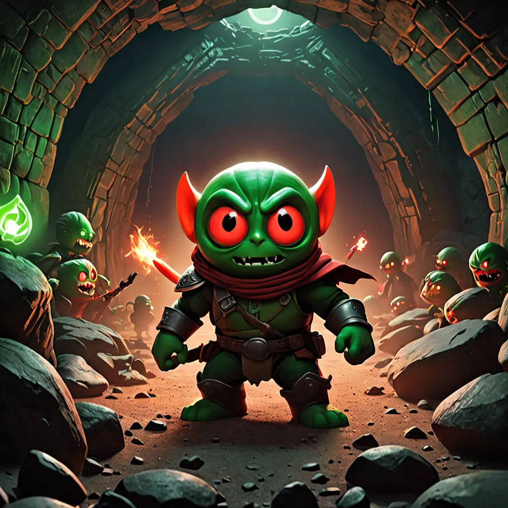 a cartoon character with a red eye and a green outfit standing in a cave with a glowing light on his face, sots art, concept art, Dom Qwek, key art