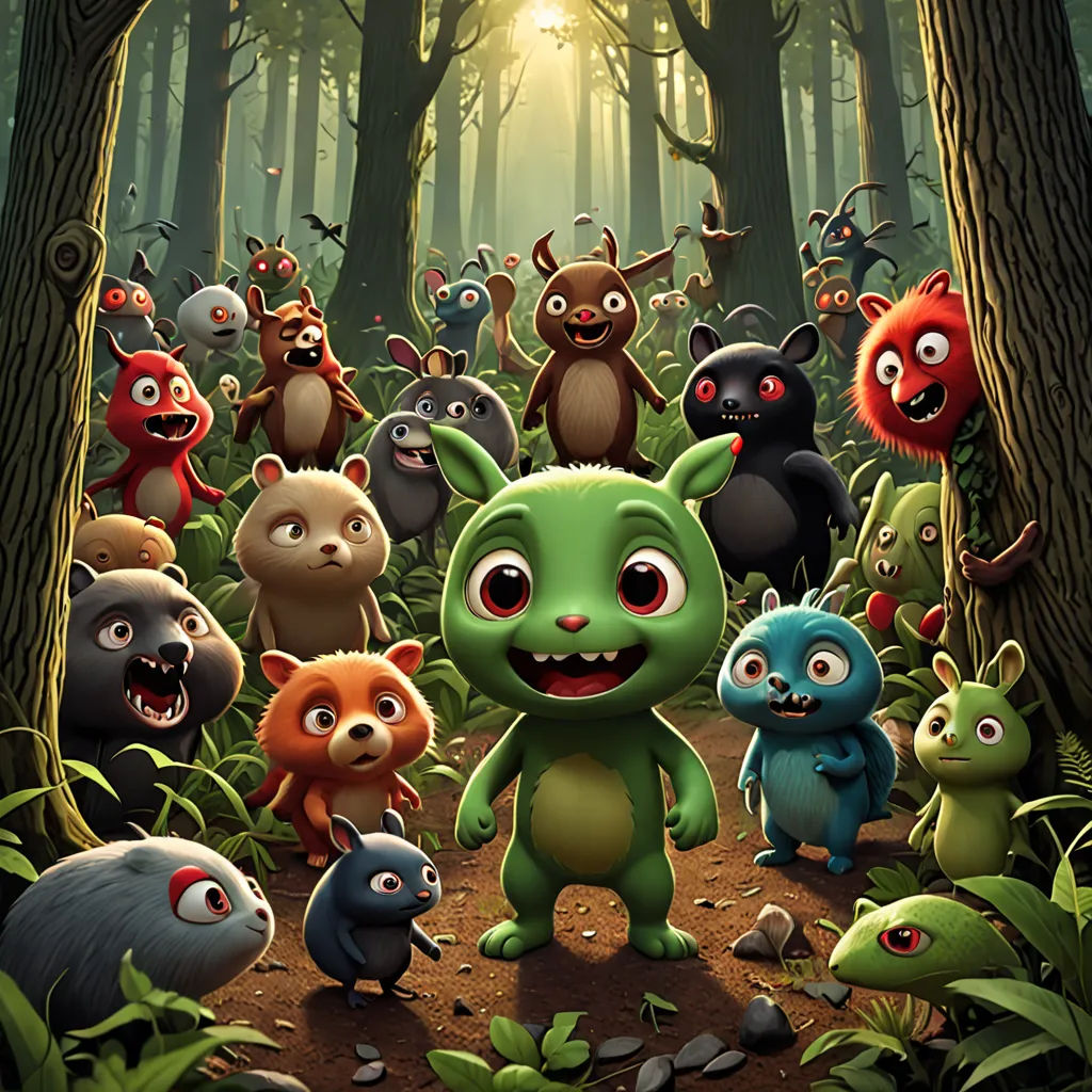 a group of cartoon animals standing in a forest together with a sun shining through the trees behind them and a forest full of them, furry art, poster art, Chris LaBrooy, promotional image