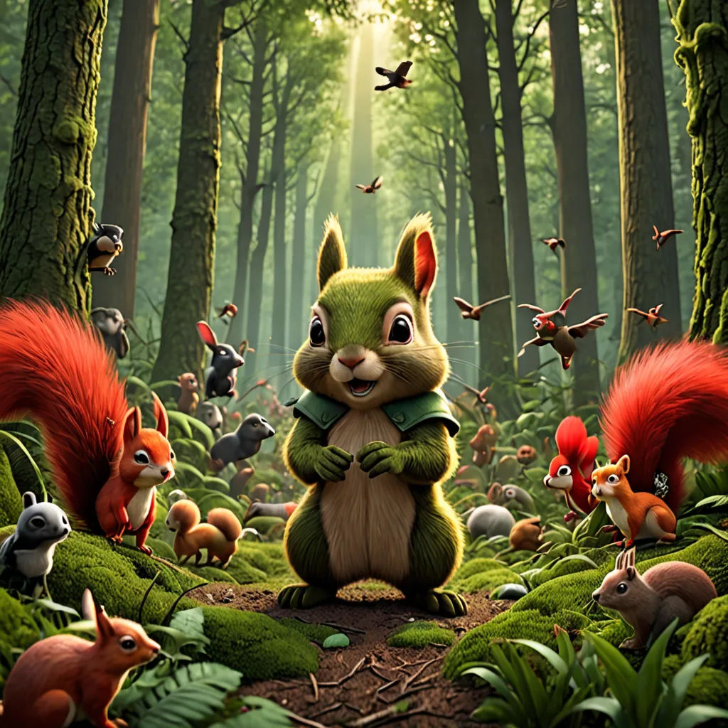 a squirrel is surrounded by other animals in a forest with trees and grass, and birds flying overhead,, furry art, poster art, Chris LaBrooy, key art