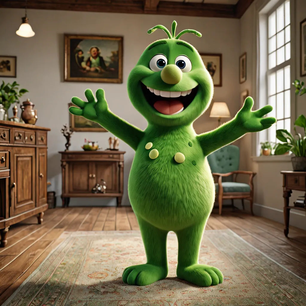 a green cartoon character standing in a living room with a rug on the floor and a painting on the wall, kitsch movement, a character portrait, Chris LaBrooy, promotional image