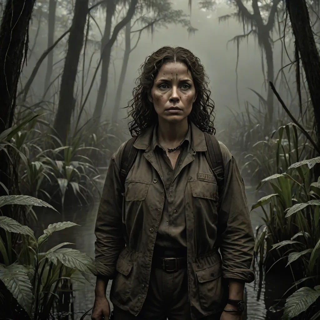 a woman in a forest with trees and plants around her, with a foggy background and a swamp, serial art, a character portrait, David Palumbo, promotional image