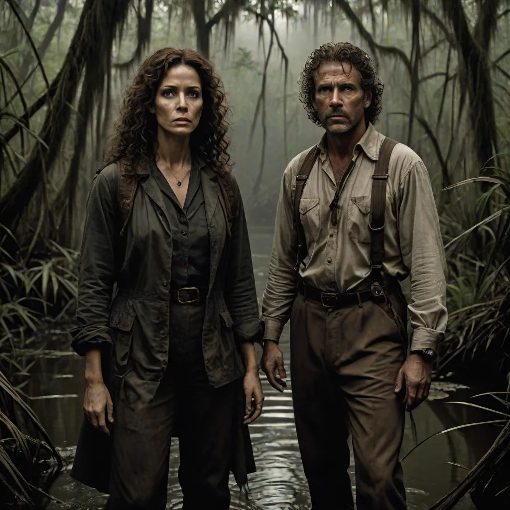 a man and a woman standing in a swampy area with trees and water in the background, in the jungle, international gothic, poster art, Edward Otho Cresap Ord, II, promotional image