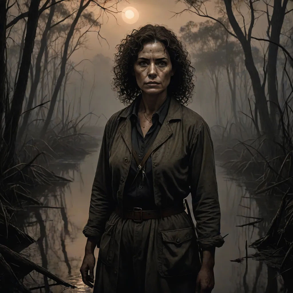 a woman standing in a swampy area with trees and a full moon in the background, with a dark background, serial art, a character portrait, Ada Gladys Killins, promotional image