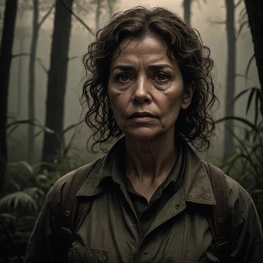 a woman in a forest with a backpack on her shoulder and a foggy background behind her, with trees and bushes, serial art, a character portrait, Araceli Gilbert, promotional image