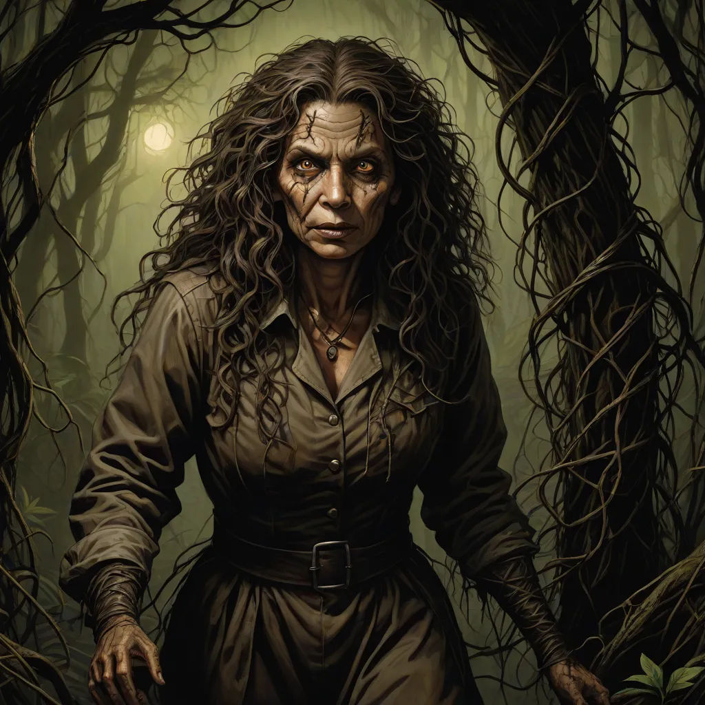 a painting of a woman in a forest with a creepy look on her face and hands, with a creepy look on her face, fantasy art, a character portrait, Donato Giancola, epic fantasy character art