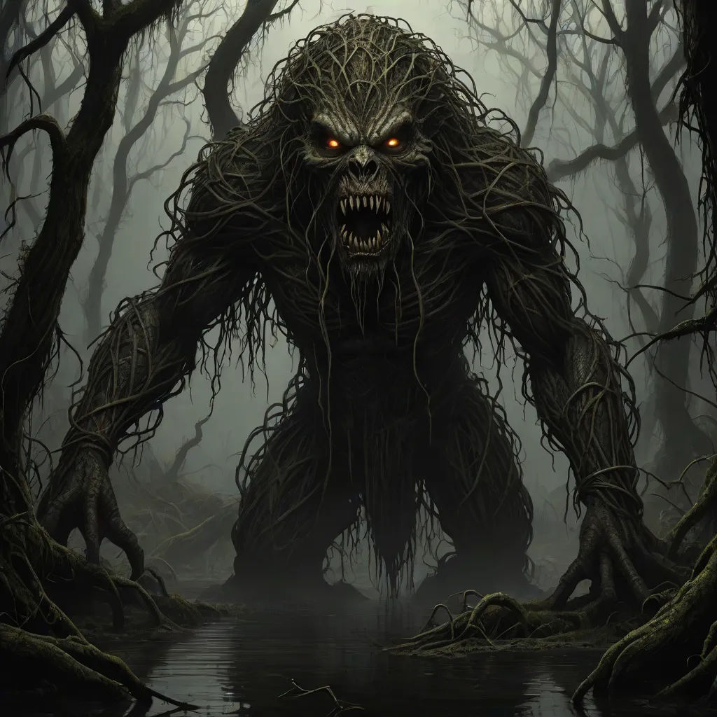 a creepy creature with a creepy face in a forest with trees and water in front of it, with a creepy looking face on its face, gothic art, concept art, Anne Stokes, dark fantasy art