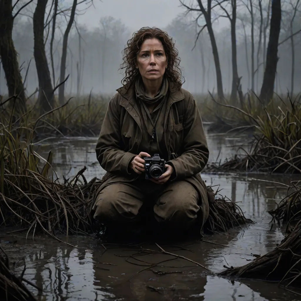 a woman sitting in a swamp holding a camera in her hands and a camera in her hand in the water, serial art, a character portrait, Annie Leibovitz, award-winning photograph