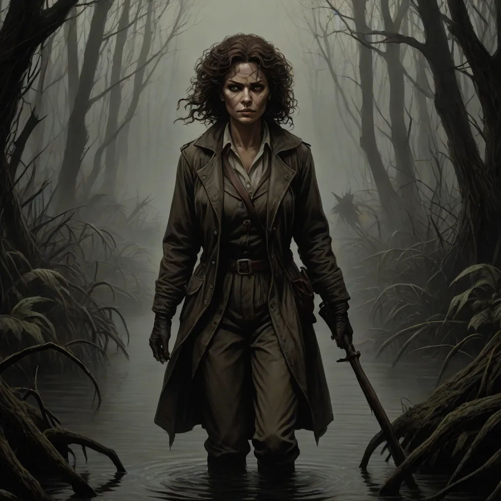 a woman in a trench coat walking through a swampy area with a rifle in her hand and a knife in her other hand, serial art, concept art, David Palumbo, key art