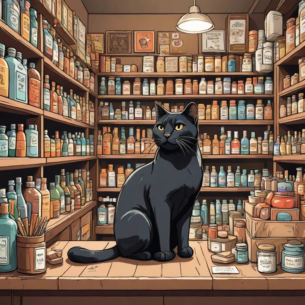 a black cat sitting on a counter in a store filled with bottles and jars of medicine and other medical supplies, furry art, a character portrait, Art Spiegelman, official art