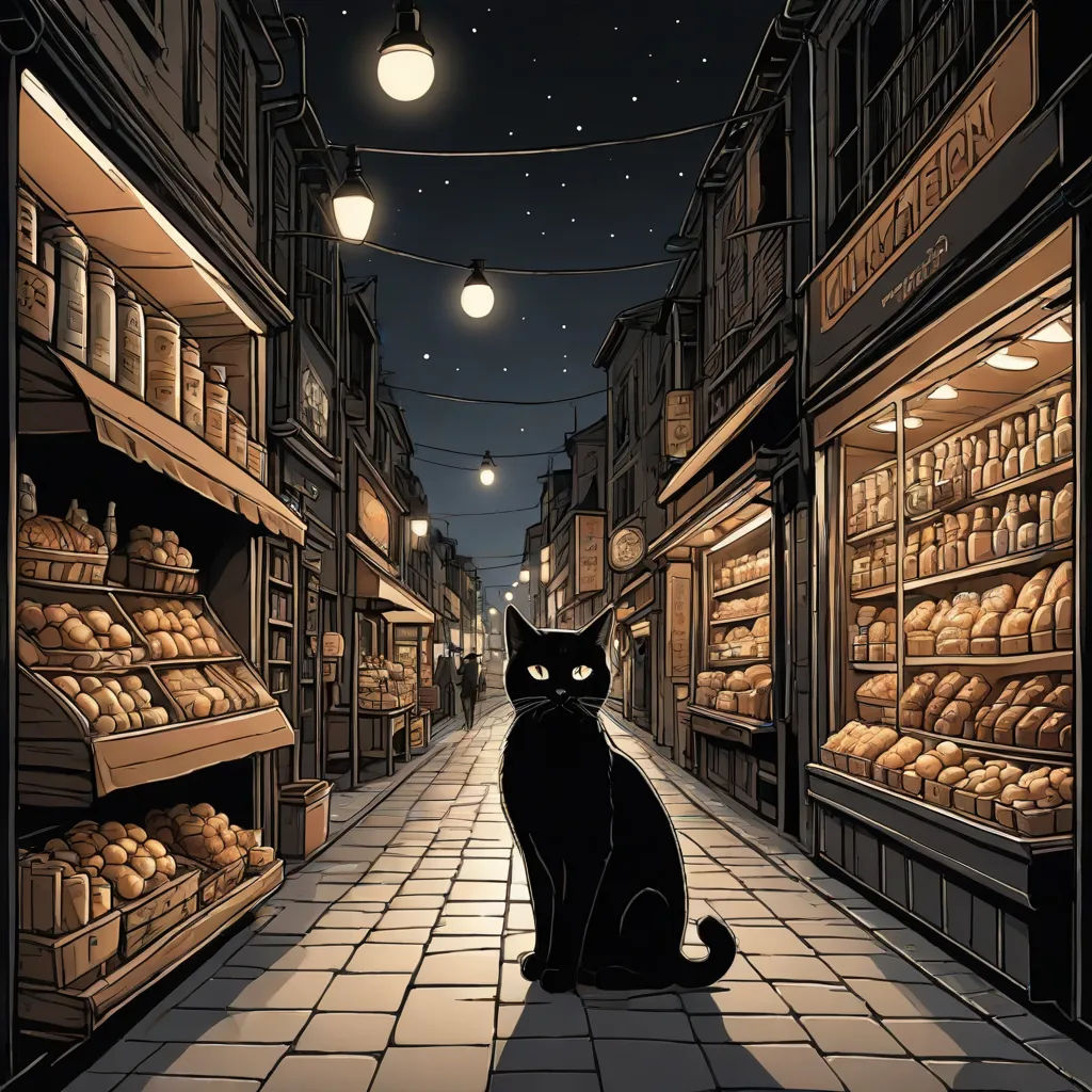 a black cat sitting on a tiled floor in a store aisle with a full moon in the sky above, magical realism, an album cover, Dan Mumford, dark background